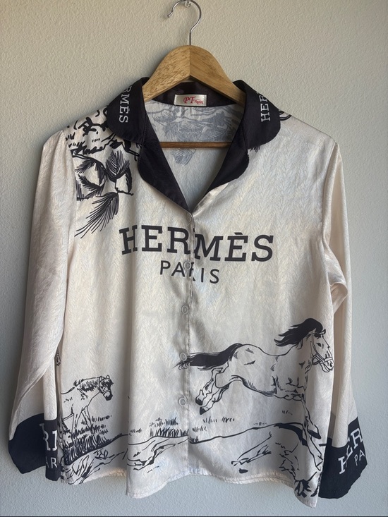 PT fashion Tops - Ivory and Black Printed Button-Up Shirt and matching pant set